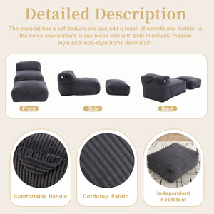 English Elm Big Corduroy Lounger Bean Bag with Ottoman Memory Foam Fill for Living Room Dark Gray W395P435355