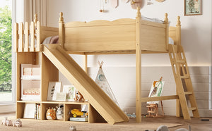 English Elm Full Loft Bed With Fun Slide, Storage Shelves, Solid Wood Design For Kids' Cozy Room Setup W1580S00247
