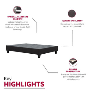 English Elm Modern Upholstered Platform Bed Frame Queen – Cozy Linen-Look Dark Gray Finish, Solid Wood Base DARK GREY 73 L x 11 W x 10 H B011P199725