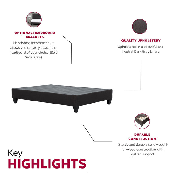 English Elm Modern Upholstered Platform Bed Frame Queen – Cozy Linen-Look Dark Gray Finish, Solid Wood Base DARK GREY 73 L x 11 W x 10 H B011P199725