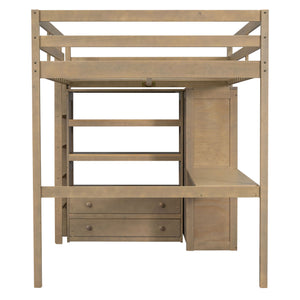 English Elm Wood Full Size Loft Bed with Built-In Desk, Wardrobe, Shelves & Drawers for Space-Saving Rooms Walnut GX000466AAD