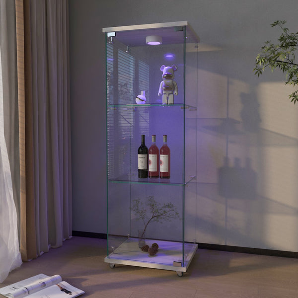 English Elm Modern Glass Display Cabinet With Custom Led Lighting - Elegant 1-Door, 3-Shelf Storage For Any Room W241P242919