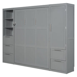 English Elm Queen Murphy Wall Bed with Wardrobe Drawers and Shelves for Studio or Guest Room Gray LP000865AAE-2