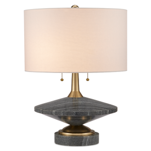 Jebel Table Lamp - Mid-Century Modern Design with Turned Stone, Warm Brass Accents & Beige Shade