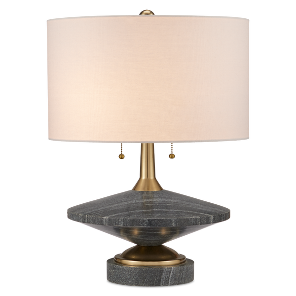 Jebel Table Lamp - Mid-Century Modern Design with Turned Stone, Warm Brass Accents & Beige Shade