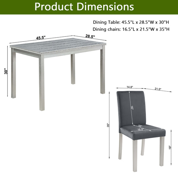 English Elm 5 Piece Wooden Dining Table Set - Elegant Silver Grey Kitchen Furniture With 4 Plush Chairs & Glam Accents W1998S00069