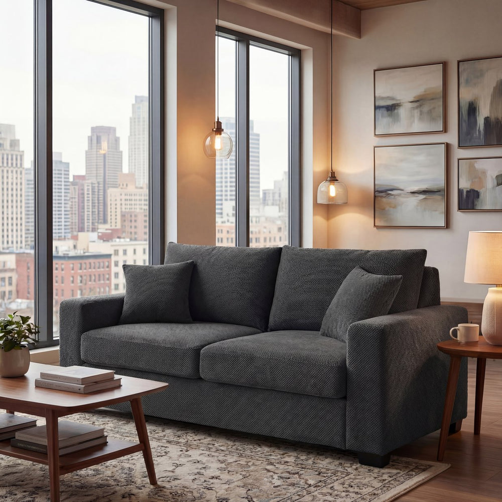 English Elm 69-inch Textured Polyester Two-seat Sofa with High Back Support for Apartment or Office Dark Grey W5568P486918
