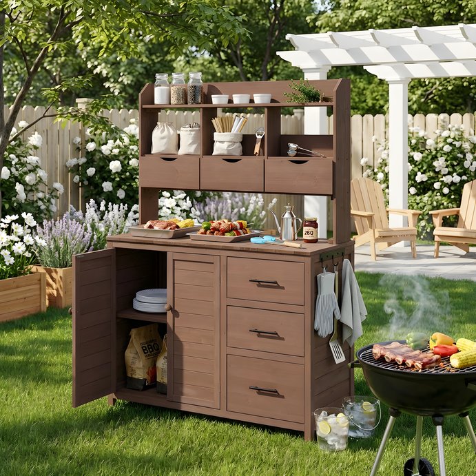English Elm (with Hutch) Topamx Solid Fir Potting Bench Patio Workstation Spice Rack Drawer Brown N717P404331D
