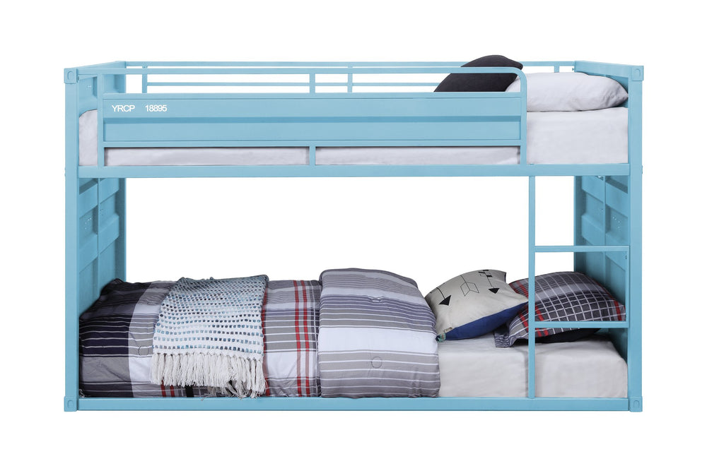 English Elm Cargo Aqua Metal Twin/Twin Bunk Bed with Slat System & Safety Guardrail, Right Ladder, 330lb Capacity B2726S00344