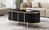 English Elm Modern Luxury Oval Shaped Fluted Coffee Table, Marble-Patterned Top Coffee Table With 2 Cabinets, Metal Legs and Handles For Living Room, Black (Date Of Expected Arrival: 11.20)