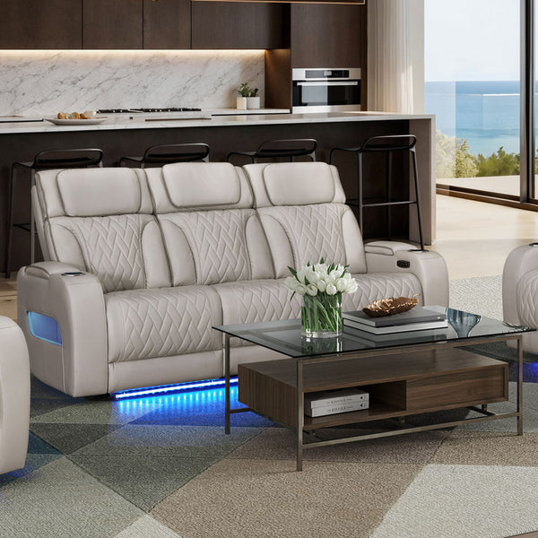 English Elm Jazmina Power Reclining Sofa Leather Aire Quilted Media Room Seating with Led Lighting White B2749P413354