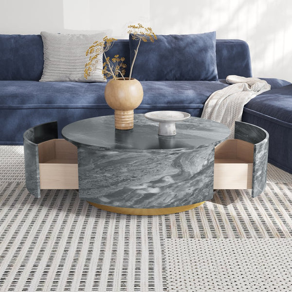English Elm Tavola Round Coffee Table with Marble Pattern Top and Metal Legs, Two Drawers for Stylish Storage Brown B341P321163