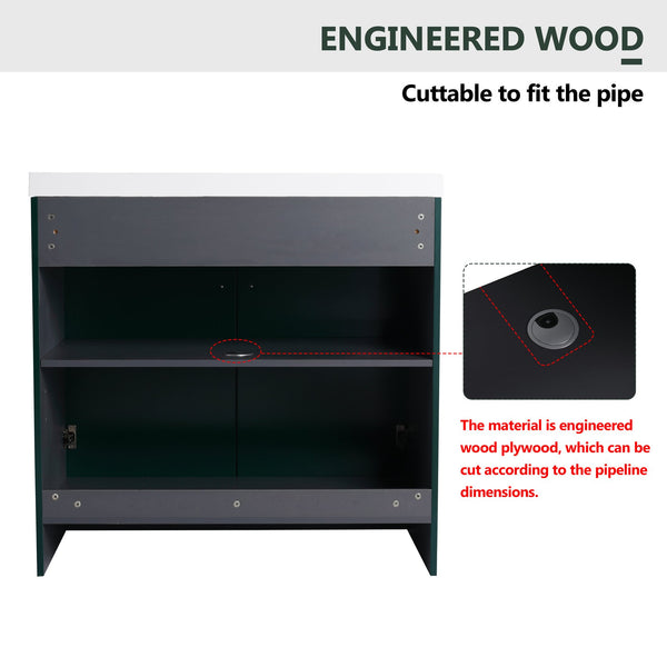 English Elm 36" Freestanding Bathroom Vanity with Resin Sink, Soft-Close Doors, Adjustable Shelf & Metal Handles Dark Green W999S00274