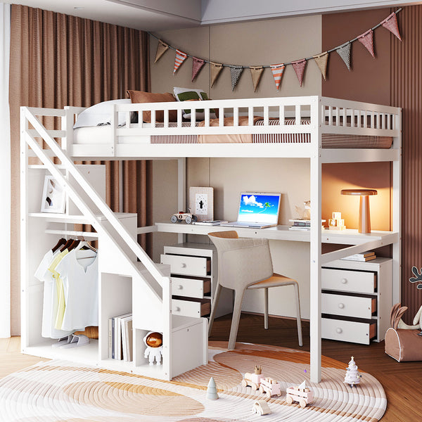 English Elm Full Size Loft Bed with Desk Drawers Led Strip and Staircase for Teen Rooms White LT000258AAK-1