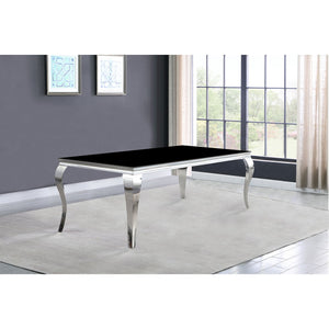 English Elm Belt Black Mirrored Dining Table with Shiny Rectangular Glass Top and Curved Mirrored Metal Legs, Modern Glam Scene B062S00797