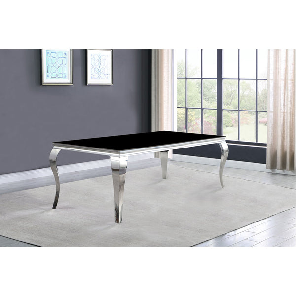 English Elm Belt Black Mirrored Dining Table with Shiny Rectangular Glass Top and Curved Mirrored Metal Legs, Modern Glam Scene B062S00797