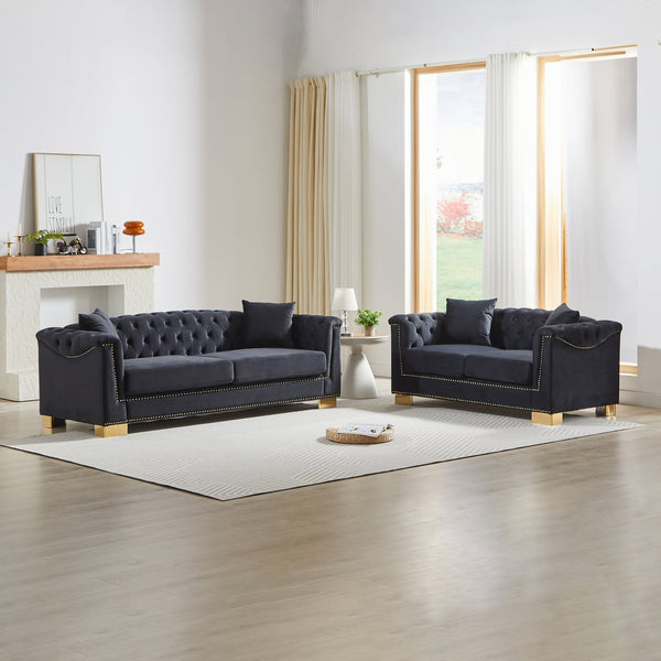 English Elm 3-seater and 2-seater Chesterfield Velvet Sofa Set with Tufted Back Gold Stud Trim Black+Blue W1926S00103