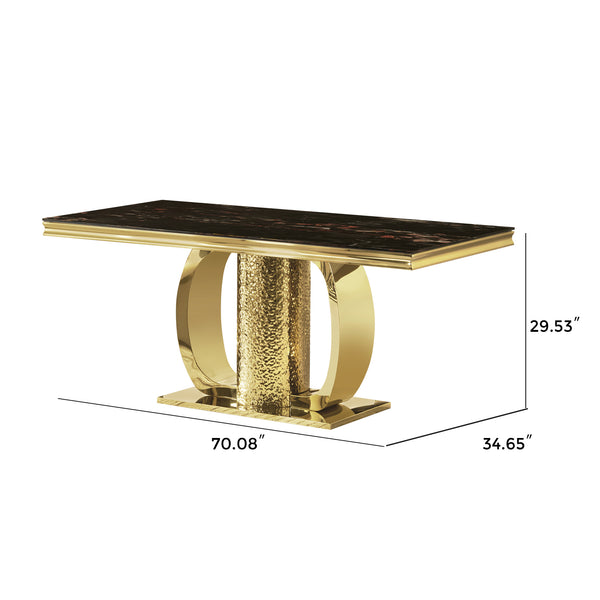 English Elm Gold Stainless Steel Dining Table With Sleek Black Tempered Glass Top - Modern Elegance & Durability W2723S00046