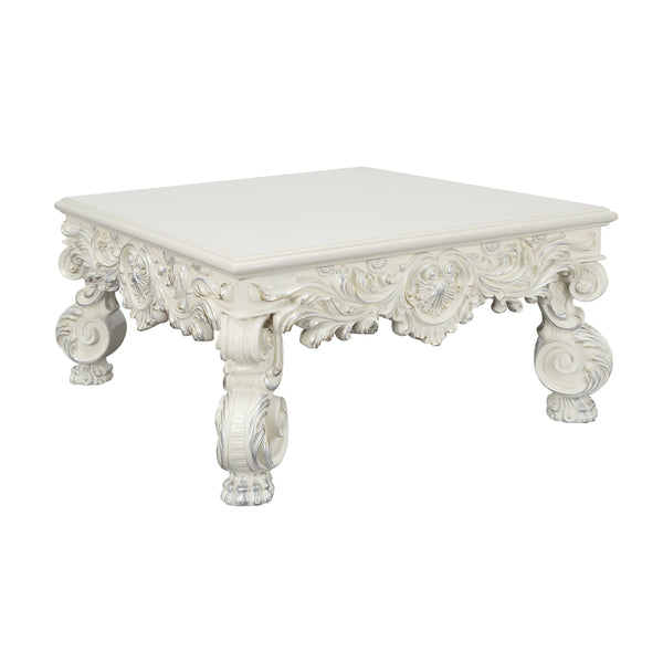 English Elm Adara Antique White Finish Square Coffee Table with 60mm Top, Floral Sculpted Legs and Elegant Apron Design B2726P256371