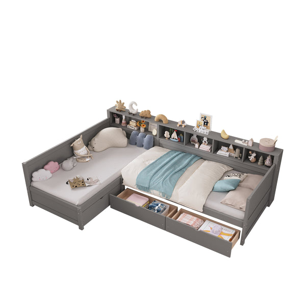 English Elm Twin Corner Daybed with Storage Drawers Bookshelf Wood L-shape Frame for Small Rooms Grey N733S369272E