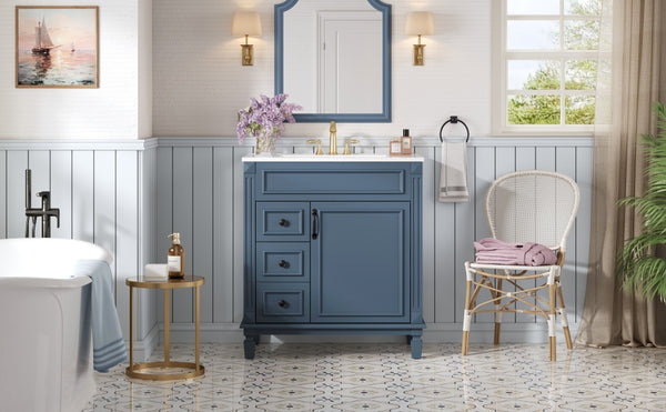 English Elm 30" Bathroom Vanity With Elegant Ceramic Sink – French-Inspired Design, Soft-Close Drawers & Storage N710P323328C
