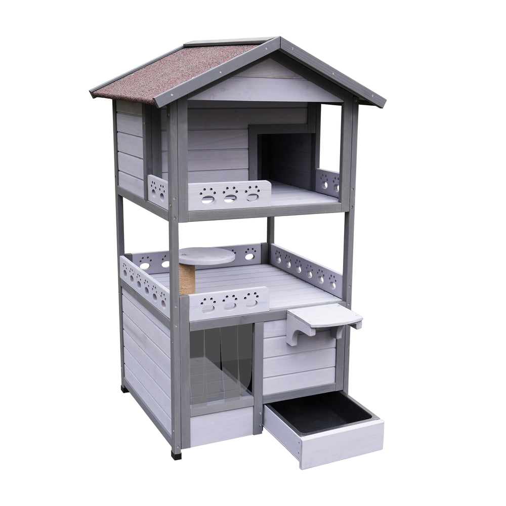 English Elm Three Story Solid Wood Outdoor Cat Villa with Balcony Weatherproof Feral Shelter W1431P284943