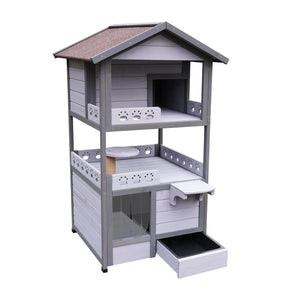 English Elm Three Story Solid Wood Outdoor Cat Villa with Balcony Weatherproof Feral Shelter W1431P284943