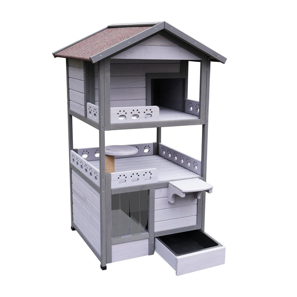 English Elm Three Story Solid Wood Outdoor Cat Villa with Balcony Weatherproof Feral Shelter W1431P284943