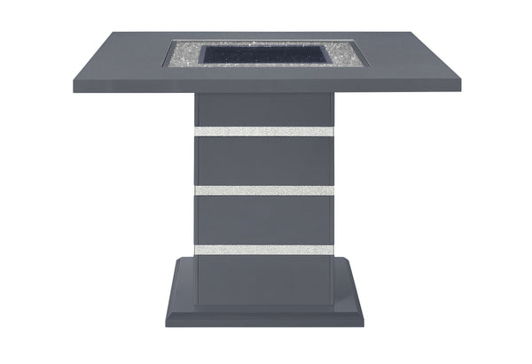 English Elm ARIYA High-Gloss Bar Table with Clear Glass Inlay and Silver Pedestal Base for Modern Spaces Grey 51.1 L x 51.3 W x 6.5 H B201S00105