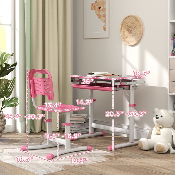 English Elm Qaba Kids Desk And Chairs Set – Height Adjustable Ergonomic Study Desk With Storage, Pink Design W2225P229616-GIGA