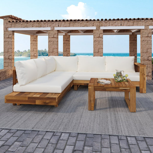 English Elm Outdoor Solid Acacia Wood 4 Piece Modular Sectional Set with Cushions Patio N757S454841B