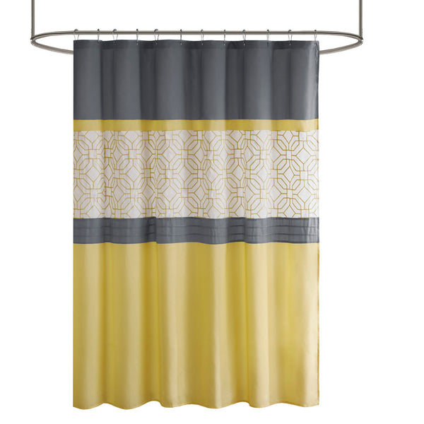 JLA Home 510 Design - Embroidered Modern Pintuck Shower Curtain with Microfiber Softness, Lined Privacy & Grey Yellow Accents 5DS70-0096