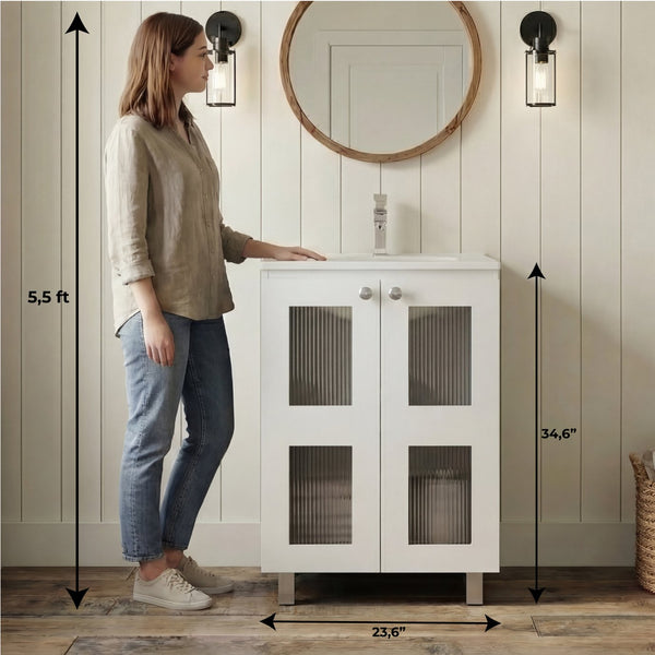 English Elm Haysi Frosted Glass Bathroom Vanity with Resin Sink and Shelved Storage Cabinet B070S00416