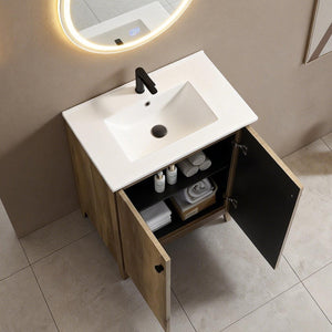 English Elm 30 Inch Floating Bathroom Vanity Fluted Wood Grain Front with Ceramic Integrated Sink Antique Grey W3520S00032
