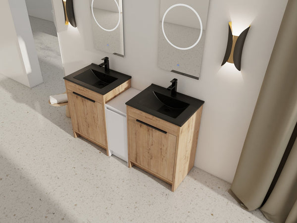 English Elm 60 Inch Freestanding Bathroom Vanity With Black Sink, Soft-Close Doors & Ample Storage Space W999S00322