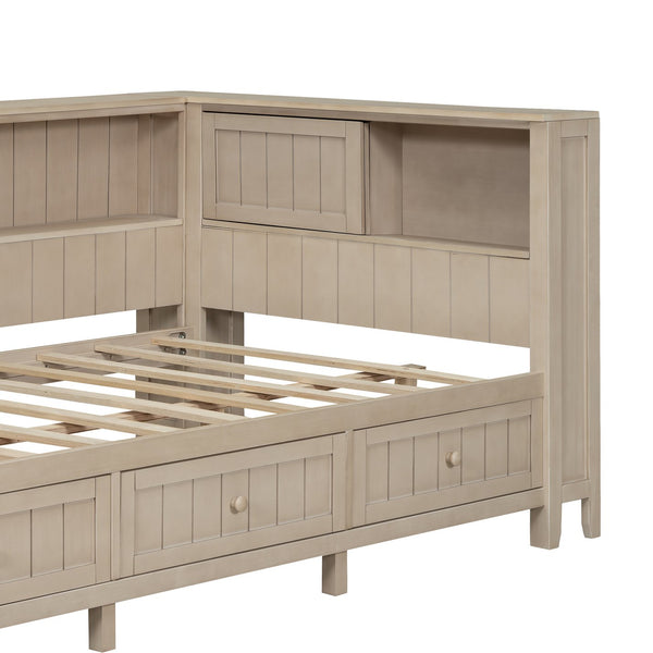English Elm Twin Wood Daybed with 3 Drawers & Open Shelves, Antique White Milk Finish — Storage, Classic Charm, Twin Size Craftsmanship GX002213AAK