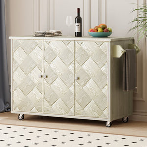 English Elm K&K Farmhouse Kitchen Island with 3D Wave Stripes Ash Veneer, Drop Leaf, Rolling Cart Storage Champagne N707P207916X