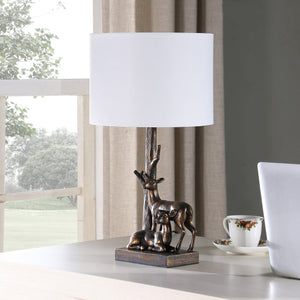 English Elm 19.75" Capreolus Bronze Polyresin Table Lamp with Duo Roe Deer, White Cotton Drum Shade, 19.5" tall B072P222438