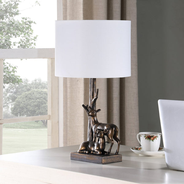 English Elm 19.75" Capreolus Bronze Polyresin Table Lamp with Duo Roe Deer, White Cotton Drum Shade, 19.5" tall B072P222438