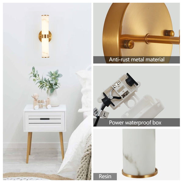 English Elm Golden Resin Wall Sconce Set of 2 with Marble Finish and Gold Accent, Modern Vertical Indoor Lighting Elegance W1340P189553