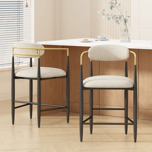 English Elm Counter Stools Set of Two Matte Black Iron Frames Gold Trim Upholstered Seats N771P249370A