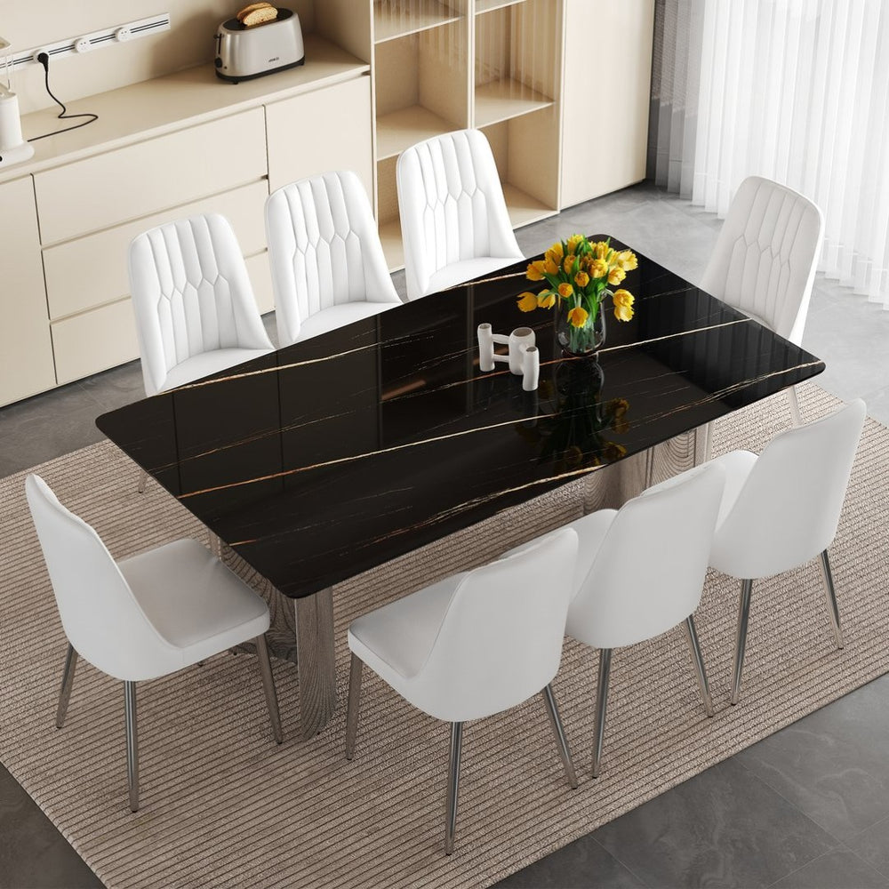 English Elm Table Set With 8 Modern White Pu Chairs - Sleek Imitation Marble Top & Durable Stainless Steel Legs W1151S04189-GIGA