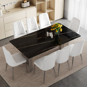 English Elm Table Set With 8 Modern White Pu Chairs - Sleek Imitation Marble Top & Durable Stainless Steel Legs W1151S04189-GIGA