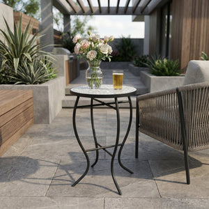 English Elm Outdoor Mosaic Ceramic Tile Round Side Table with Curved Wrought Iron Patio Accent Grey+Black N773P365597G