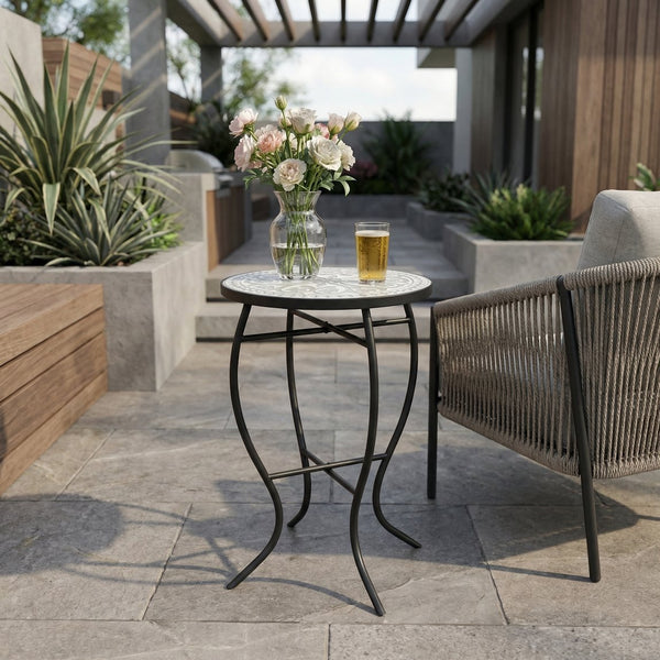 English Elm Outdoor Mosaic Ceramic Tile Round Side Table with Curved Wrought Iron Patio Accent Grey+Black N773P365597G