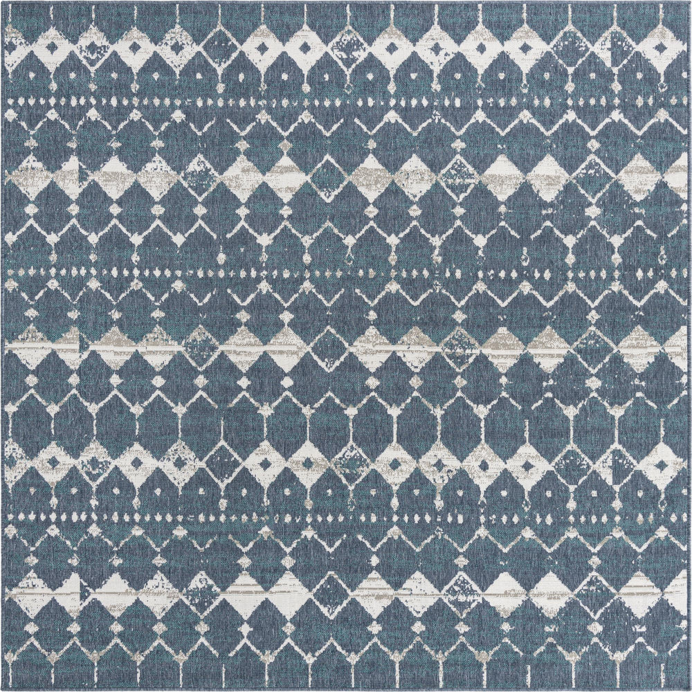 Unique Loom Outdoor Trellis Cardak Machine Made Geometric Rug Navy Blue, Ivory/Green/Gray 7' 10" x 7' 10"