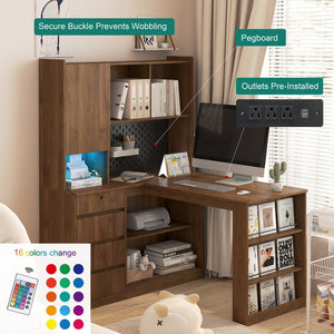 English Elm L Shaped Desk With Led Light & Storage | Modern Corner Computer Desk For Home Office & Gaming Setup W1321S00022
