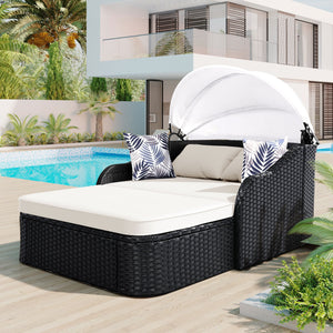 English Elm GO Outdoor Sun Bed with Adjustable Canopy, Durable PE Rattan Double Lounger, Zippered Cushions and Pillows for Easy Care and 500lb Capacity Beige+Black FG201223AAK