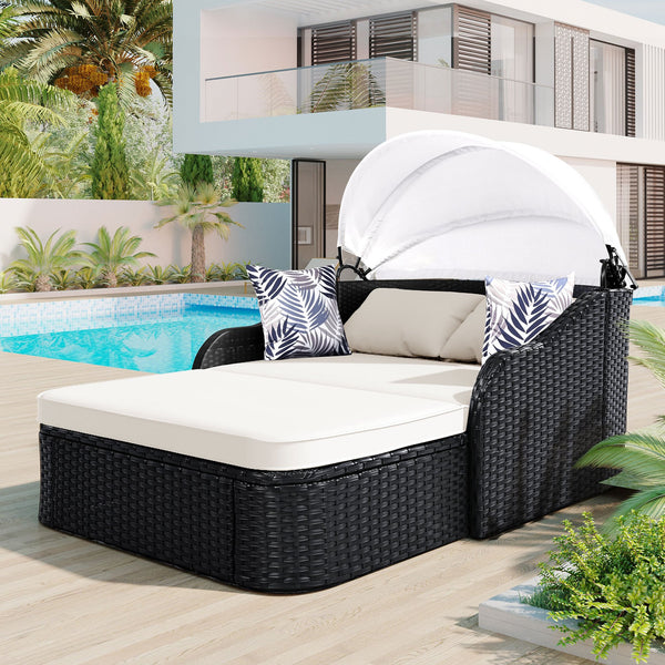 English Elm GO Outdoor Sun Bed with Adjustable Canopy, Durable PE Rattan Double Lounger, Zippered Cushions and Pillows for Easy Care and 500lb Capacity Beige+Black FG201223AAK