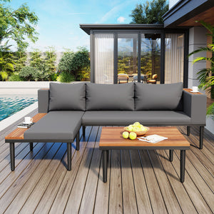 English Elm Luxury Acacia Wood Patio Sofa Set with Removable Cushions, L-Shaped Outdoor Conversation Sectional, Durable Iron Frame Gray N704G201251E